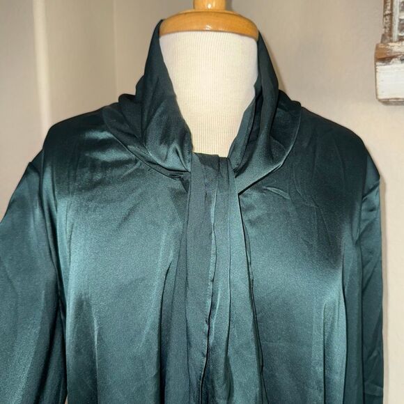 NWT Anne Klein Womens Satin Tie Neck Bow Long Sleeve Blouse Emerald Green XL - Picture 6 of 14